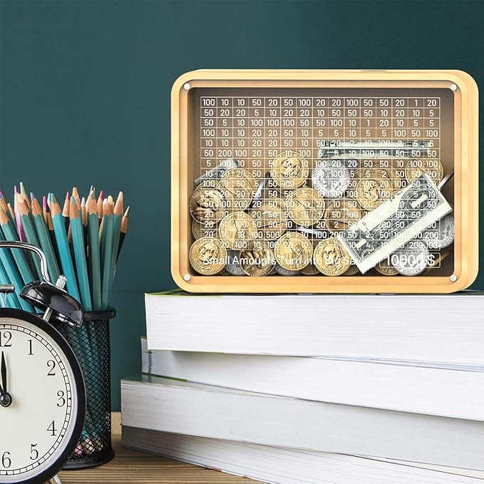 Piggy Bank for Adults Kids, Wooden Coin Bank for Boys and Girls, Cash Vault Money Saving Box with Counter $10000 Savings Challenge Money Box with Money Target and Numbers (Acrylic $10000)