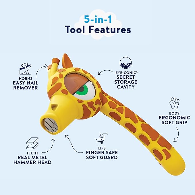 Handy Famm Real Metal Blue Giraffe Hammer for Kids, Patented Safety Mouth Sleeve and Nail Remover, STEM DIY Tool for Children Ages 5 and Up