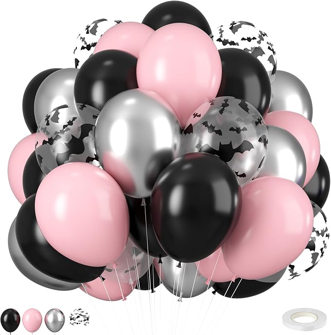 Pink and Black Balloons,12inch Pink Black Silver Halloween Balloons Bat Printed Party Balloons Pastel Pink Black Decoration for Boy Girls Halloween Themed Party Birthdays Holiday Party