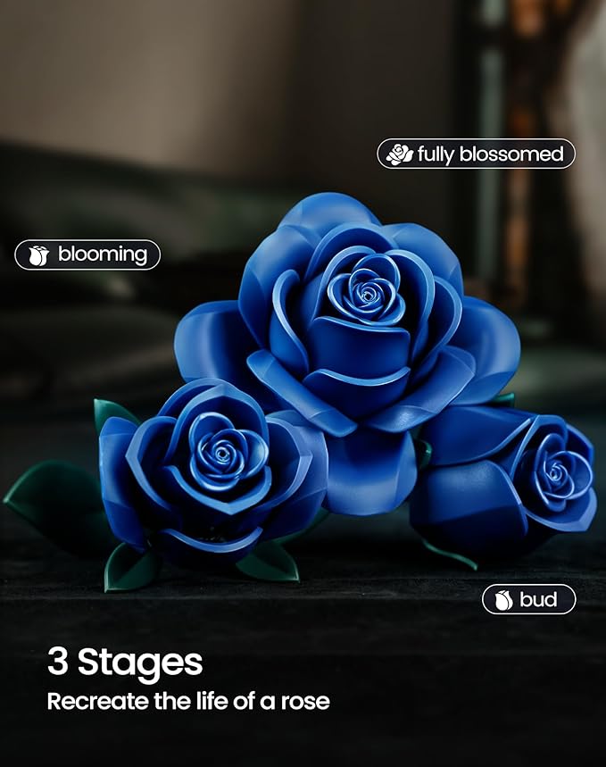 iATOM Blue Rose Bouquet Building Set, Artificial Flowers Botanical Collection for Adults - Gift for Halloween, Gothic Retro Home Office Table Centerpiece Decor - IA11007