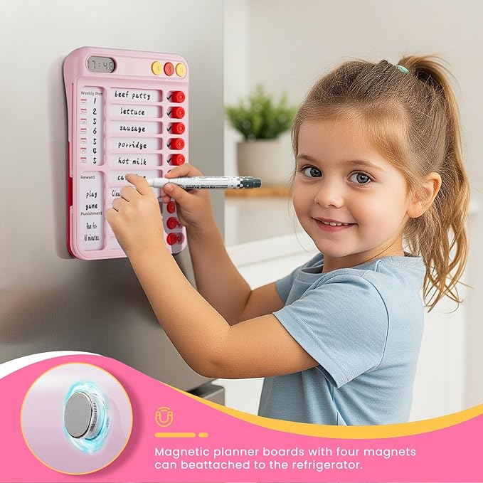 Magnetic Chore Chart for Kids with Time Timer, 99-Min Countdown/Up Visual Timer, Dry-Erase Reward Chart with Sliders, to Do List & Routine Checklist, Visual Schedule Board for ADHD & Autism (Pink)