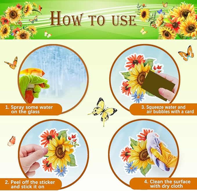 Sunflower Window Decals & Clings - Spring & Fall Decorations for Bedroom, Nursery, Living Room - Birthday Parties & Holidays