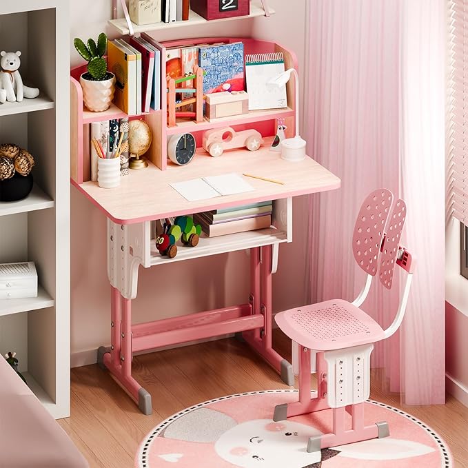 2025 NEW Kid's Study Desk and Chair Set, Ergonomic Height Adjustable Children Study Desk with Tilt Desktop, Book Stand, Light, Metal Hook and Storage Drawer,Gift for Boys Girls (Pink 70cm no lean)