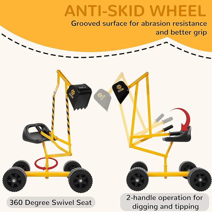 Elevon Sand Digger Kids Rolling Excavator Ride On Toy, Beach Toys Outdoor Sandbox Toy Digger, Steel Excavator Crane Rotates 360 with 4 Wheels, Sand Toys Backyard Sandbox, Dirt and Snow - Yellow