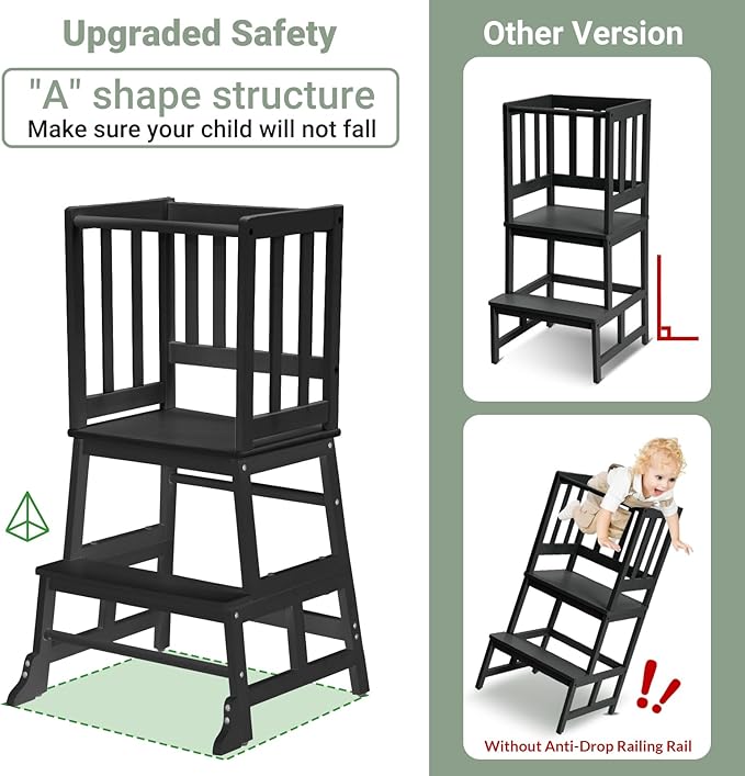 COSYLAND Kids Kitchen Step Stool Helper - Wooden Standing Tower for Kids with Anti-Tip Support Legs - Mothers' Helper Kids Learning Stool for Kitchen Counter (Black)