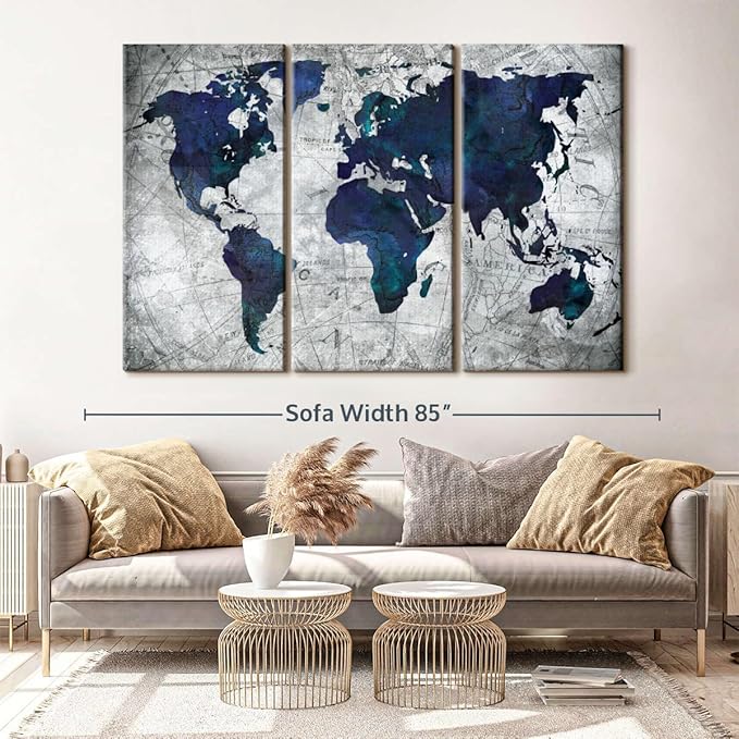 ElephantStock Deep Blue World Map Multi Piece Canvas - 3 Panel Wall Decor - Map of the World Art - Canvas for the Office and Home - 74" X 48"