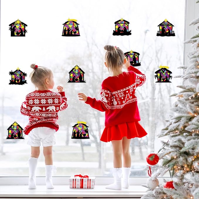 Renbuzhu 40PCS Christmas Crafts Bulk: Nativity Religious Paper Suncatchers DIY Kit for Winter Xmas Holiday Activities Decorations, Window Stained Glass Effect Art Ornaments