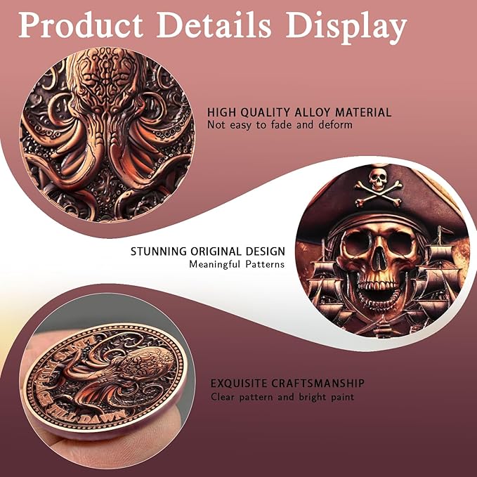 CHURYUML Pirate Coin Let's Pillage Till Dawn Skull Challenge Coins Pirate Enthusiasts Collectible Pirate Themed Party Gifts EDC Pirates Token Inspirational Gifts