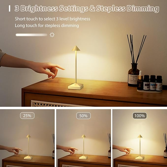 3 Pack 8.26in Gold Small Cordless Table Lamps Rechargeable, Battery Operated Mini Lamp, Small Lamp Touch Portable Table Lights, LED Night Light for Bedside/Dining/Bar/Outdoor (Gold-A)