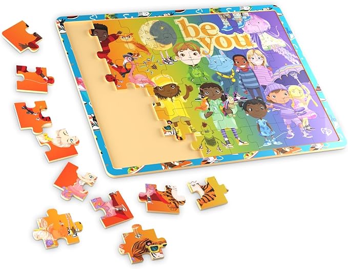 48pc FSC Wooden Tray Puzzle - Upbounders® Be You Rainbow Kicks & Zoo Animals | Colorful Sneakers, Multicultural Kids | Ages 4+ Educational Toy
