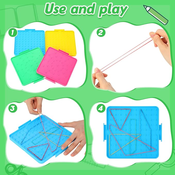 Teling 16 Pack Double Sided Geoboard Math Manipulatives Plastic Geoboards with Rubber Bands Geometry Manipulatives Educational Toy for Geometry, Creativity, Fine Motor Skills (Simple, 6.3 Inch)