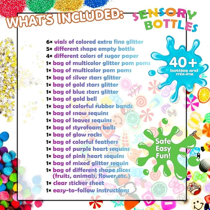 Sensory Bottles Kits for Calm Down Corner Supplies Magic Mixies Sensory Toys for Toddlers1-3 Kids with Glitter, 5 Fun Shaped Containers