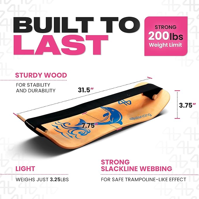 Balance Board for Kids - Slackline Wooden Wobble Board - Slackboard Balance Trainer for Coordination - Training for Skateboard, Snowboard, Football, Soccer, Baseball, Basketball