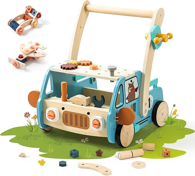 OESSUF 2-in-1 Wooden Baby Walker with 40 PCS Tool Toys – Baby Push Walker for 6-12 Months, Activity Center for Toddlers Aged 1-3 Years, Montessori Toy for Boys and Girls (Blue)