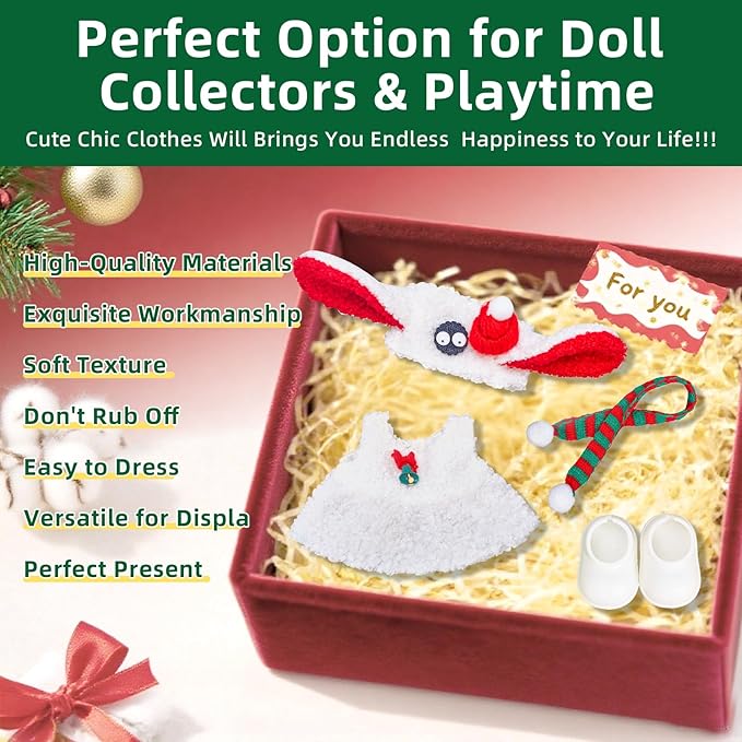 17cm Doll Clothes Designer Set-4 Piece Set Clothing for Dolls, Boys and Girls Stylish Adorable Outfits Clothes Accessories, Includes—Cute Sheep Hat + Plush Dress + Christmas Scarf + Shoes(Style E)