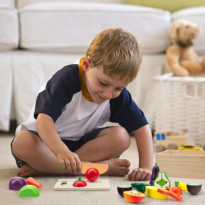 Wooden Play Food Sets for Kids Kitchen - Cutting Fruits and Veggies Toddler Toys Pretend Food Play Kitchen Accessories Montessori Educational Toys Gifts for Kids Boys Girls 3+