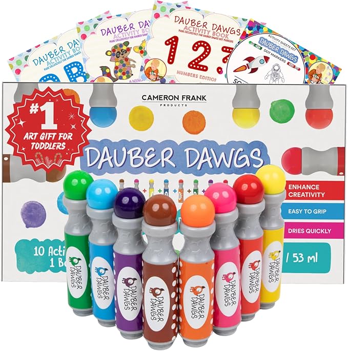 Dauber Dawgs Washable Dot Markers for Toddlers - Bingo Markers for Dot Art w/ PDF Activity Books, Dot Paints Washable for Kids, Bingo Dabbers Dotters & Dobbers, Holiday Gifts Daubers, Dot Painting