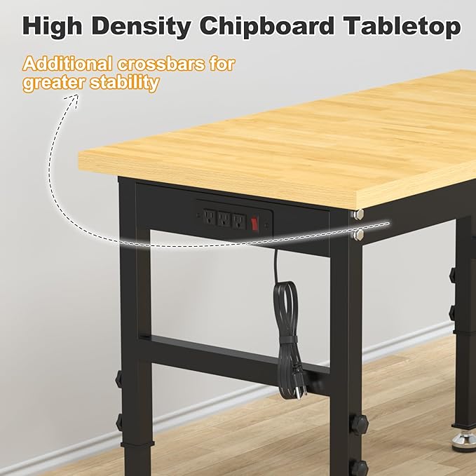 48" Adjustable Workbench, Heavy-Duty Work Bench, 2000 LBS Worktable with Power Outlets, Portable Chipboard Work Station for Repair Shop, Workshop, Office
