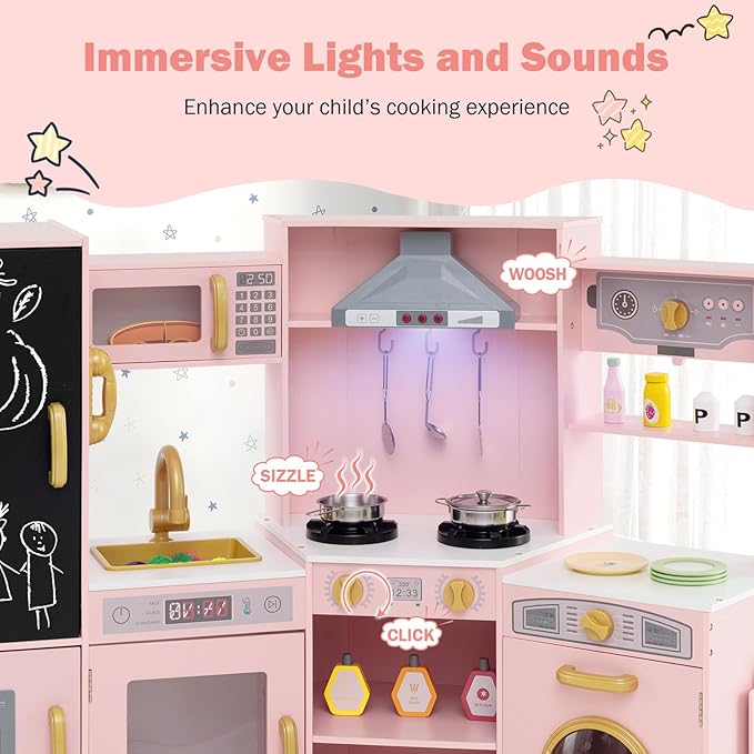 GLACER Corner Wooden Play Kitchen for Kids, Large Pretend Play Kitchen Playset with Sound, Light, Chalkboard, Microwave, Ice Maker, Washing Machine, Accessories, Toy Kitchen Set for Ages 3+ (Pink)