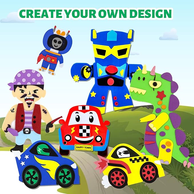 VKPI 4 Pieces EVA Foam Art Crafts Gift Kit, Creative Make Your Own Dinosaurs, Cartoon Foam Paper Craft Projects for Kids Ages 4+ Toddler, Preschool Learning Toy for Birthday Party Favor Supplies