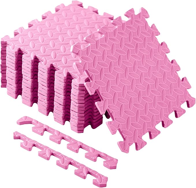 Shihanee 16 Pcs Foam Floor Baby Tiles 11.81 x 11.81 inches Foam Floor Mats Play Mats Bulk with Borders Interlocking for Kids Baby Playroom Nursery Gym（Light Pink）