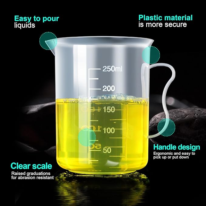 Teenitor Graduated Cylinder Plastic Beaker, 5pcs Plastic Graduated Cylinder 10ml 25ml 50ml 100ml 250ml and 5pcs Plastic Beakers 50ml 100ml 250ml 500ml1000ml Clear 10pcs