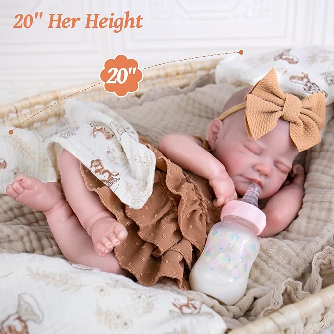 Aori Lifelike Reborn Baby Dolls - 20'' Realistic Sleeping Newborn Girl Doll with Feeding & Outfit Set - Weighted Body for Cuddling, Roleplay Gift for Girls and Kids 3+