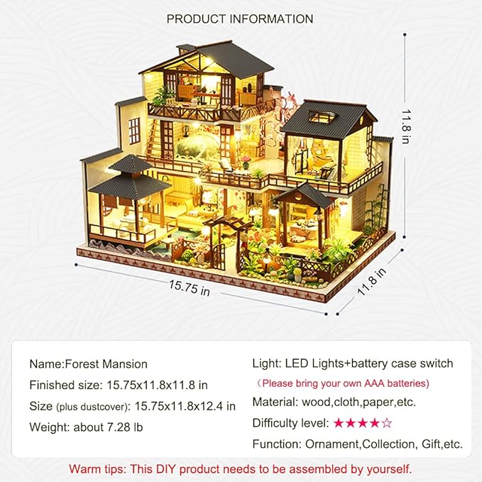 Yuzhen DIY Miniature Dollhouse Kit with Furniture and LED Lights, Japanese Wooden Dollhouse Includes Dustcover and Music Box, Collectibles for Hobbies