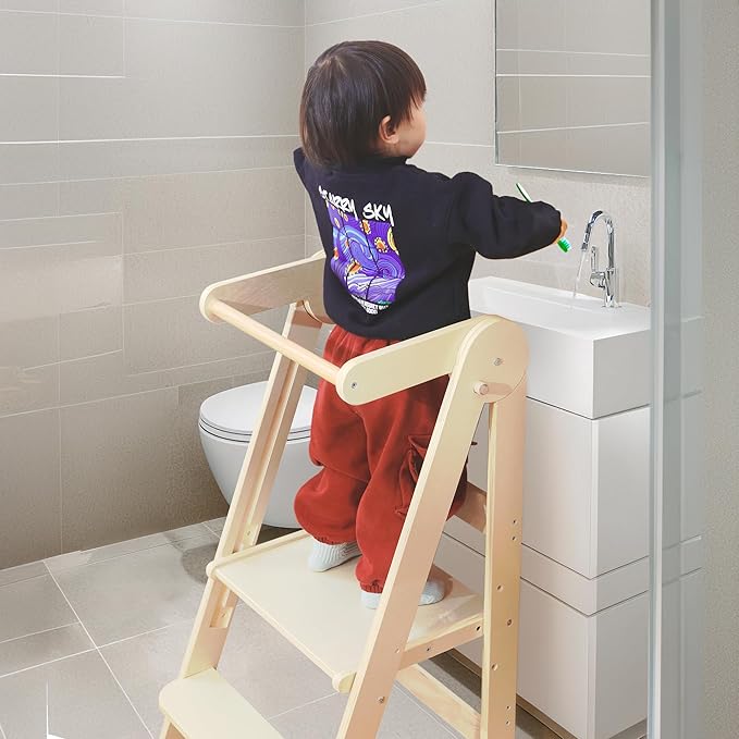 Foldable Toddler Tower Preassembled Kitchen Stool, Folding Tower for Learning with 3 Adjustable Heights Montessori Toddler Standing Tower Collapsible Step Stool for Kids 1.5-6y Natural