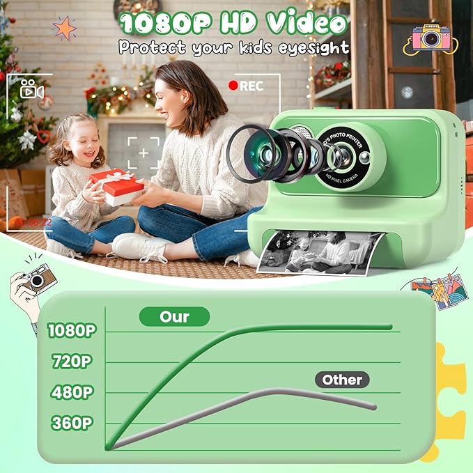 Kids Camera Instant Print, Christmas Birthday Gifts for Girls and Boys, Kids Camera 1080P HD Video Digital Toddler Camera Toy for 3 4 5 6 7 8 9 10 11 12 Years Old