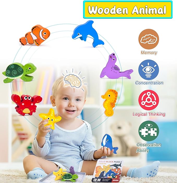 Wooden Animal Puzzles Toys for Toddlers,12 Pcs Sea Animals Figures,Animal Matching Sorting Stacking Toy for Boys Child Girls,Educational Learning Toys Gift for Kids