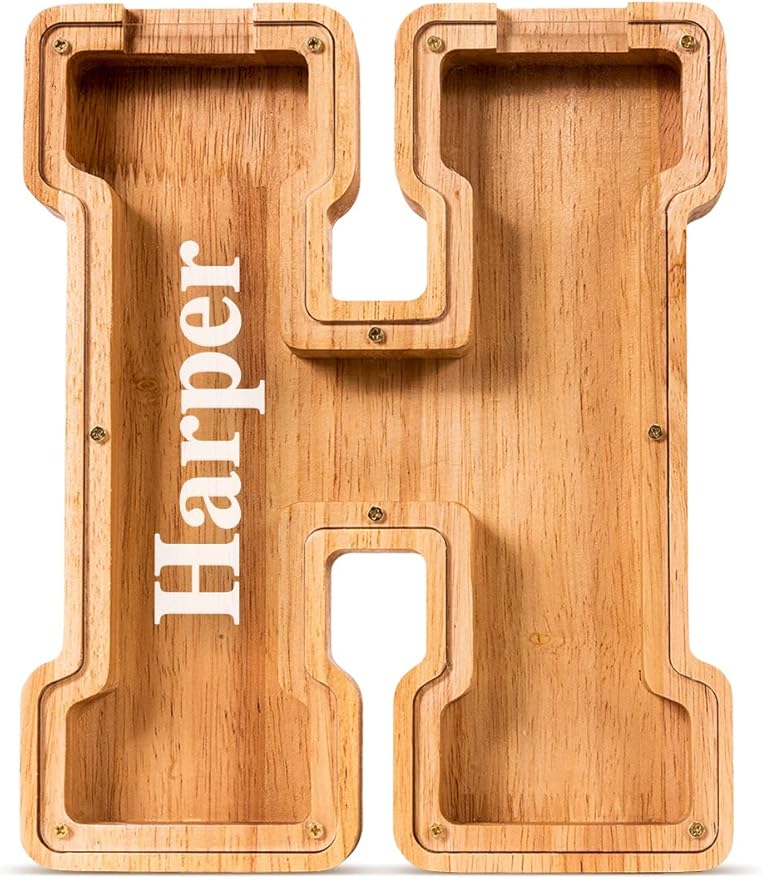 Summidate Customized Name Large Wooden Piggy Bank for Kids Boys Girls Alphabets Letter A-Z Coins Bills Money Change Bank Box Initial on Clear Cover (Laser Engraved) (Alphabet-H, Personalized-9")