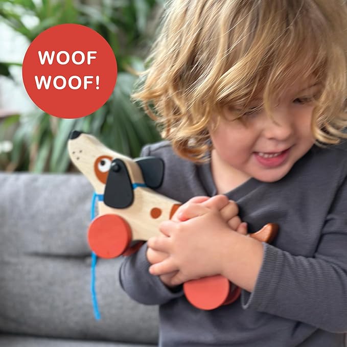 Mentari Toys - Puppy on Wheels - Wooden Dog Pull Toy for Toddlers - Natural Wood Toy with 7 inch Pull Chord, 4 Wheels, Rotating Ears - Enhances Motor Skills - Fosters Imaginative Play - Age 18M+