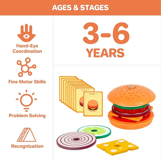Wooden Burger Toys Montessori Toys for Toddlers Preschool Education Activity Board Game Early-Education Matching Speed Race Pretend Toy Food Back to School (Burger)