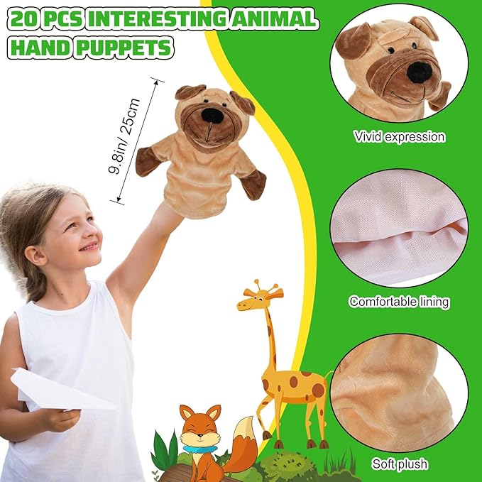 Hiboom 20 Pieces Animal Hand Puppets Kids Hand Puppets with Working Mouth Animal Plush Toy Lion Duck Pig Zoo Hand Animals with Open Movable Mouth for Birthday Theater Props Easter Basket Stuffers