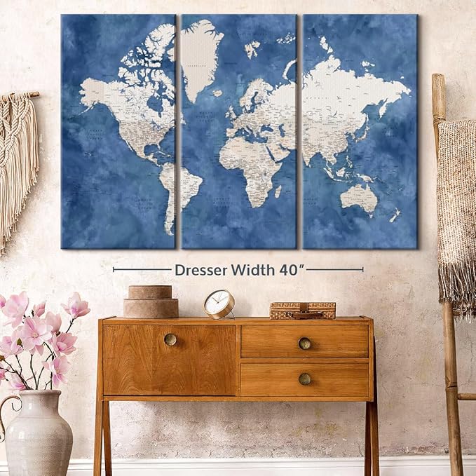 ElephantStock Detailed World Map With Cities I Wall Art - Horizontal Canvas - 3-Piece Living Room Decor - Watercolor Map Canvas Print - Beige and Blue Wall Decor by Blursbyai - 57" X 36"