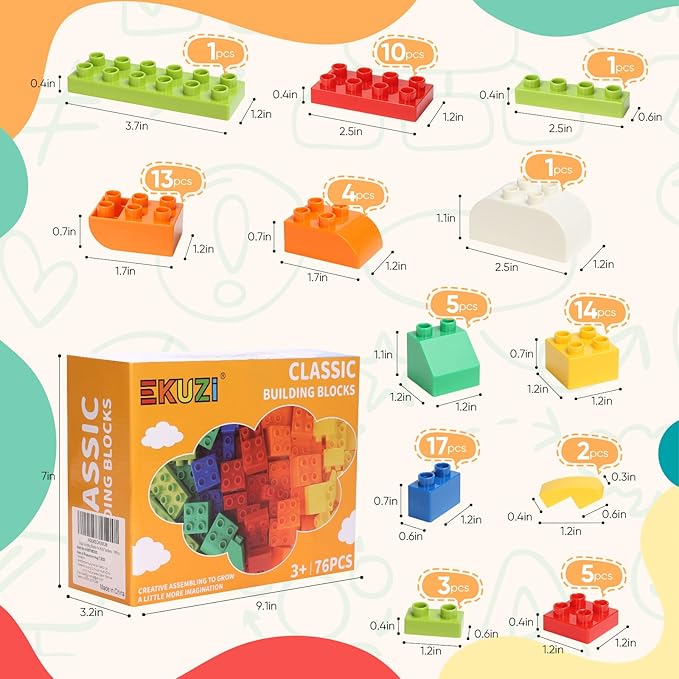 Building Blocks for Kids Toddlers, 76 Pieces Large-Size Building Blocks, Ideal STEM Toy for 3+ Year Old Kids