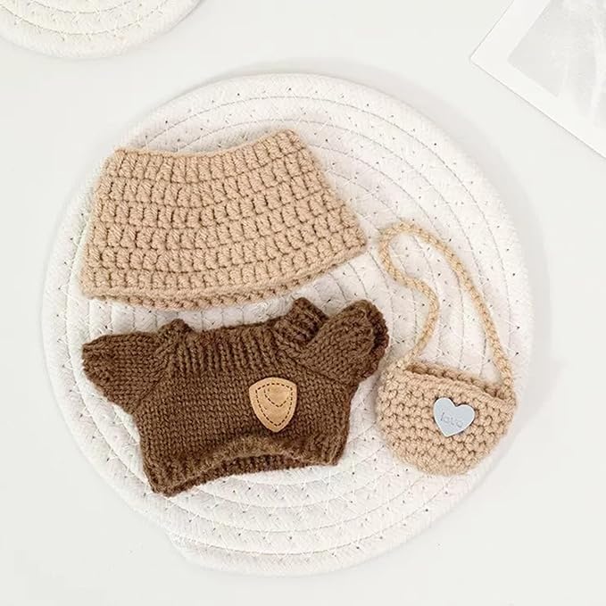 17cm Clothes Set, Outfits for Dolls Crochet 3 Piece Set Stylish Adorable Hat Clothes Backpack 17cm Doll Accessories (No Doll) (Brown)