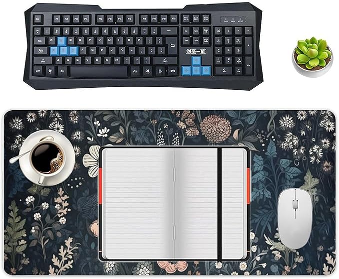 Dark Flower, Floral Plants Mouse Pad, Aesthetic Wildflowers Desk Pad, Gaming Mouse Pad, Non-Slip Rubber Base, Stitched Edges，23.6x11.8 inch Computer Mouse Mat Keyboard for Home Office