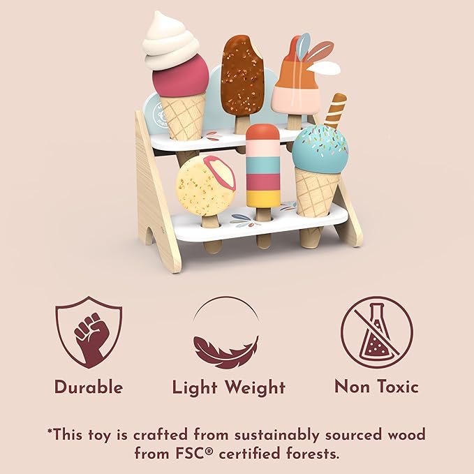 Speedy Monkey Wooden Ice Cream Shop Playset – FSC Certified Pretend Dessert Stand for Kids, Role Play Popsicle Toy Counter, Cones & Scoops Cart, Sweet Treat Ice Cream Parlour for Toddler, Boys & Girls