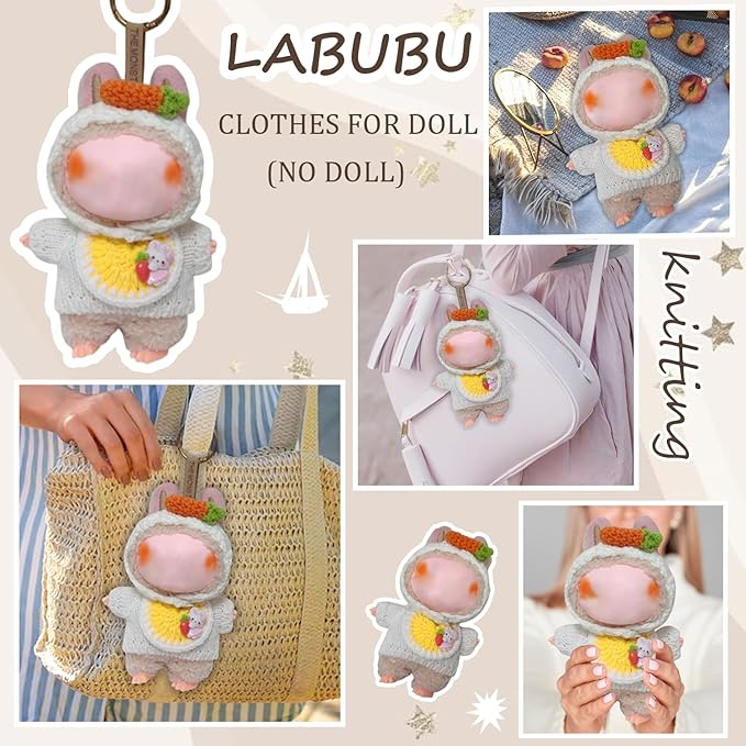 Clothes for Labubu 17cm Labubu Accessories Crochet 3 Piece Set Outfits for Labubu(Carrot)