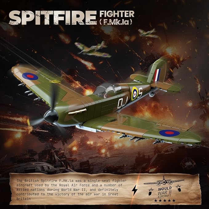 WW2 Military Fighter Jet UK Spitfire F.MK.la Plane Building Block Set, 682PCS Army Airplane Models Kit, Compatible with Lego,Airplane Toys Gifts for Ages 6+ Kid and Adult