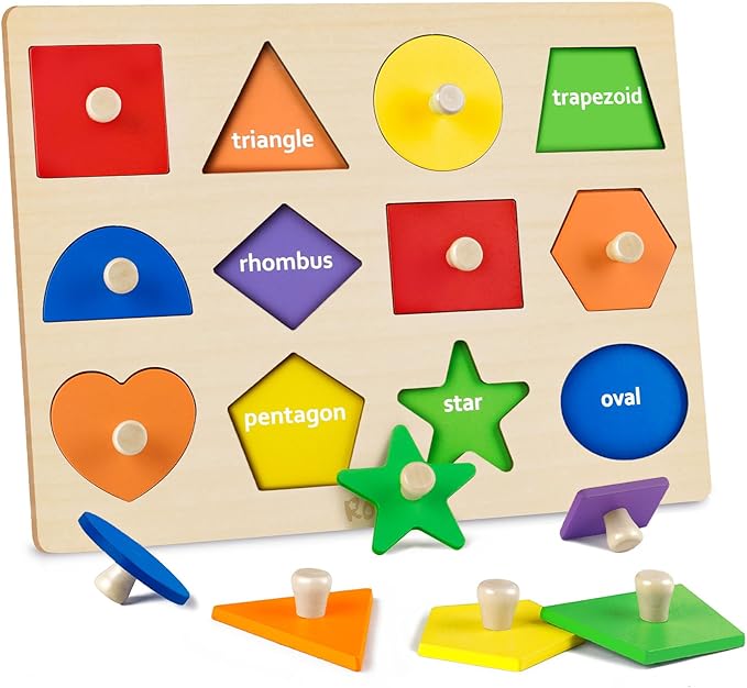 Roberly Shape Wooden Puzzles for Toddlers, Toys Peg Puzzle Geometric Color Matching Board for Girls Boys 36 Months Preschool Learning Educational Toys Birthday Gifts