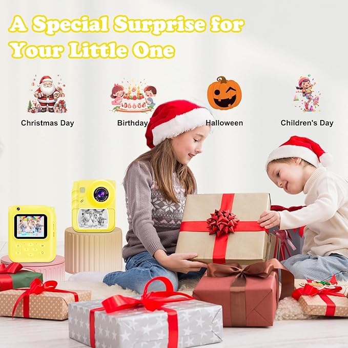 Instant Print Camera for Kids, 1080P Video Camera with 3 Print Rolls, 32GB Card & Cute Cover, Gift for Girls Boys Age 3-12, Toddler Digital Camera with Games, Filters, Music – Yellow