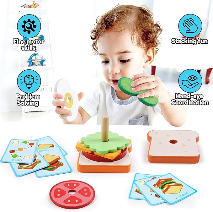 kizh Wooden Sandwich Sorting Stacking Toys Play Food Set for Toddlers Preschool Educational Montessori Toys Fine Motor Toy for Kids Boys Girls