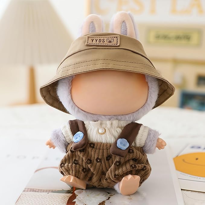 Clothes for Dolls Accessories (No Doll), Cute Outfit Set 3 Pieces Bib Pants Suitable for 15 & 17cm Doll Suit, Stylish Dress Up Overalls Doll Clothing Set Replacement with Hat Clothes Brown