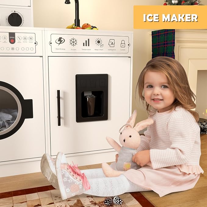 JOYLDIAS Kids Play Kitchen Set, Wooden Free Combination & Movable Pretend Toddler Kitchen Toy w/Real Sound and Light, Running Water, Oven, Washing Machine and Cookware Accessories for Age 3+ Toddlers