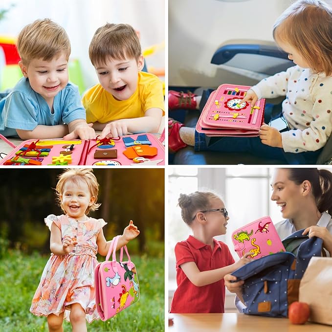 Montessori Busy Board - Busy Book for Toddler 3 4 Educational Toys for Boys Girls, Sensory Activity Board, Fine Motor Skills Learning Gift (Pink)