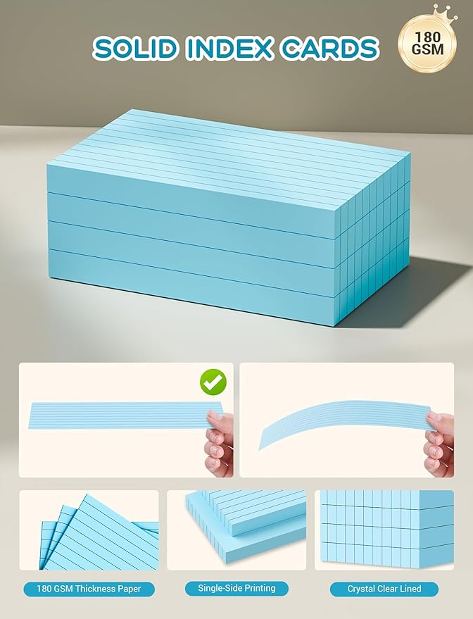 Blue Index Cards Notecards 3x5 Lined, 200 PCS Colored Index Cards Flashcards, Thick 3 x 5 Study Cards, Single-Printing Lined Index Card, 3 by 5 Color Index Flash Cards Ruled for School Office Home