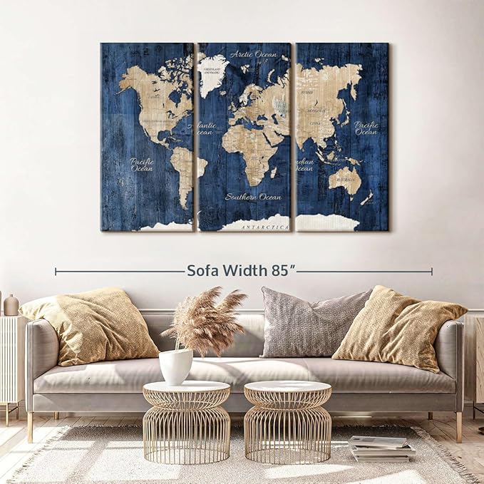 ElephantStock Aged Blue World Map II Canvas - 3 Panel Wall Decor - World Map Digital Art - Blue Wall Art - 65" X 42"